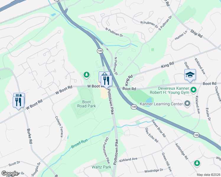 map of restaurants, bars, coffee shops, grocery stores, and more near 1449 Pottstown Pike in West Chester