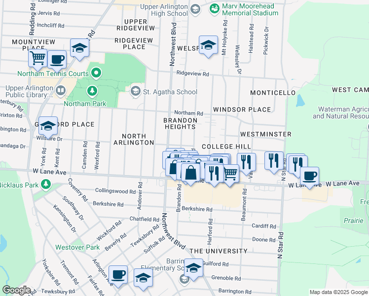 map of restaurants, bars, coffee shops, grocery stores, and more near 2574 Brandon Road in Columbus
