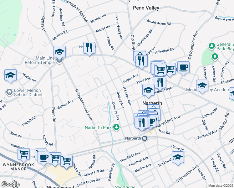 map of restaurants, bars, coffee shops, grocery stores, and more near 344 Dudley Avenue in Narberth