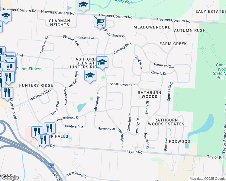 map of restaurants, bars, coffee shops, grocery stores, and more near 848 Hunters Glen Drive in Columbus