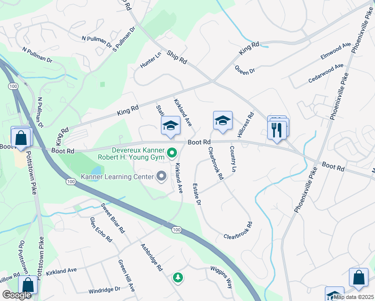 map of restaurants, bars, coffee shops, grocery stores, and more near 550 Boot Road in West Chester