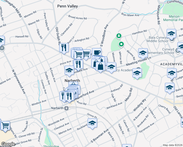 map of restaurants, bars, coffee shops, grocery stores, and more near 348 Meeting House Lane in Narberth