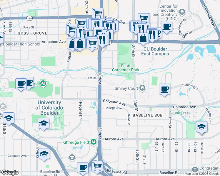 map of restaurants, bars, coffee shops, grocery stores, and more near 2871 Springdale Lane in Boulder