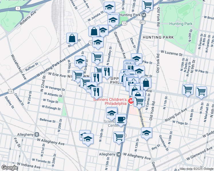 map of restaurants, bars, coffee shops, grocery stores, and more near 1610 West Erie Avenue in Philadelphia