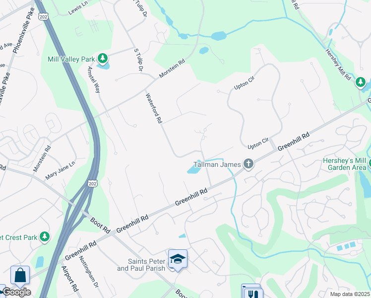 map of restaurants, bars, coffee shops, grocery stores, and more near 1216 Waterford Rd in West Chester