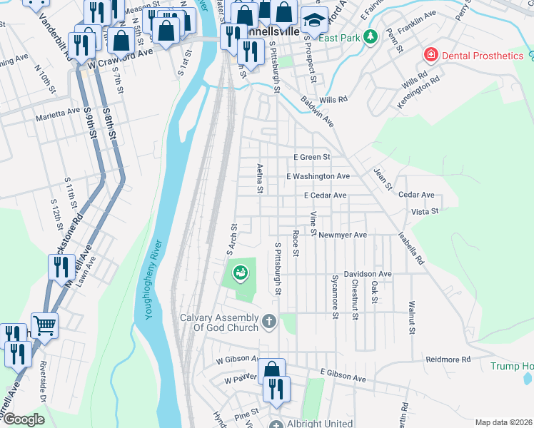 map of restaurants, bars, coffee shops, grocery stores, and more near 912 Aetna Street in Connellsville