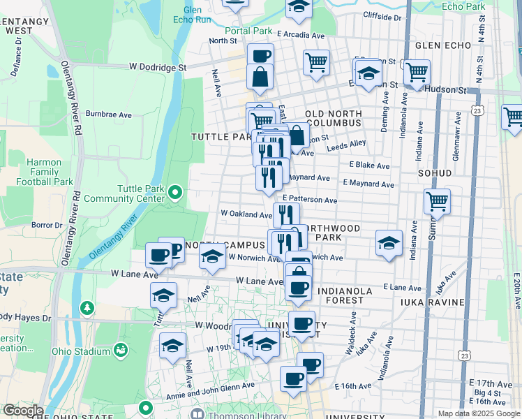 map of restaurants, bars, coffee shops, grocery stores, and more near 58 West Oakland Avenue in Columbus