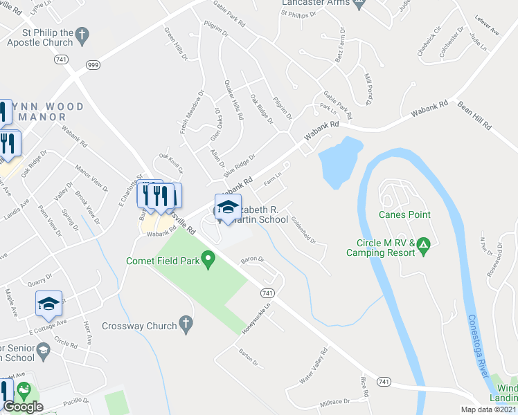 map of restaurants, bars, coffee shops, grocery stores, and more near 115 Waypoint Dr in Lancaster
