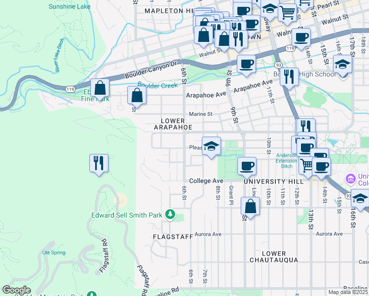 map of restaurants, bars, coffee shops, grocery stores, and more near Pleasant Street in Boulder
