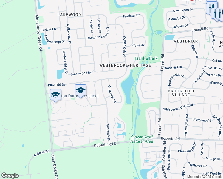 map of restaurants, bars, coffee shops, grocery stores, and more near 2830 Quailview Lane in Hilliard