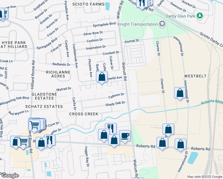 map of restaurants, bars, coffee shops, grocery stores, and more near 2788 Tom's Trace Court in Hilliard