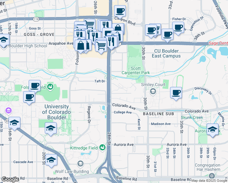 map of restaurants, bars, coffee shops, grocery stores, and more near 2821 Springdale Lane in Boulder
