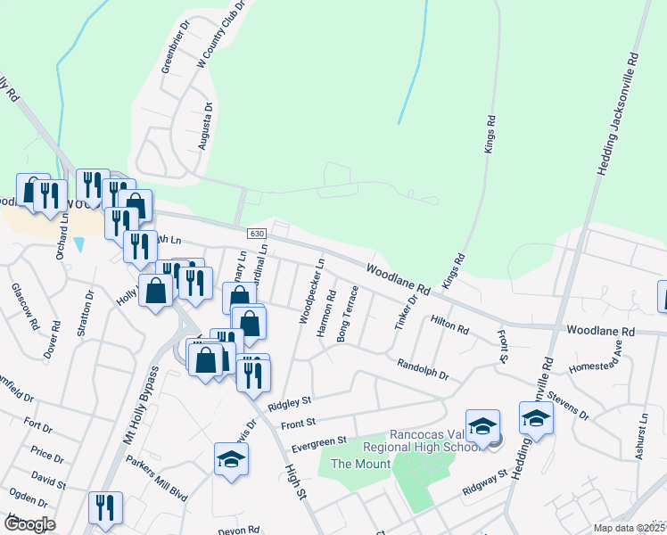 map of restaurants, bars, coffee shops, grocery stores, and more near 517 Smith Lane in Mount Holly