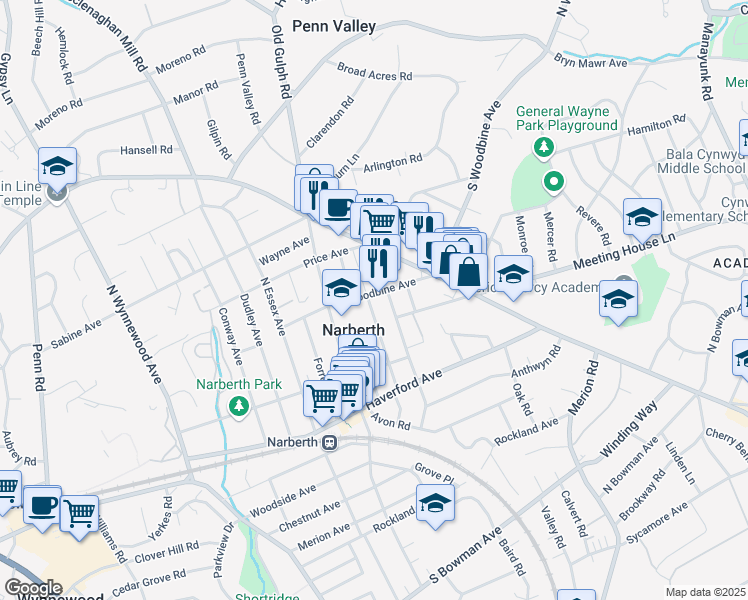 map of restaurants, bars, coffee shops, grocery stores, and more near 245 Hampden Avenue in Narberth