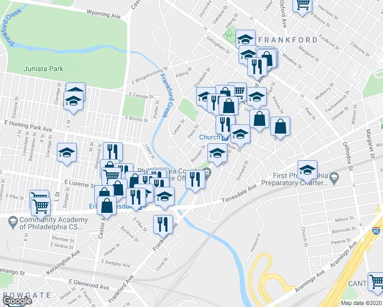 map of restaurants, bars, coffee shops, grocery stores, and more near 4215 Griscom Street in Philadelphia