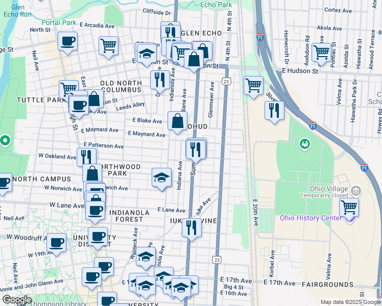 map of restaurants, bars, coffee shops, grocery stores, and more near 2253 Summit Street in Columbus
