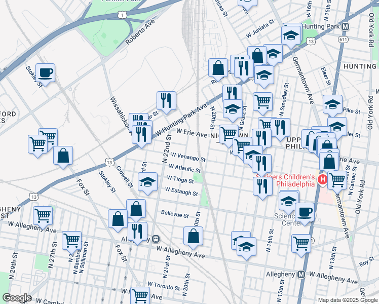 map of restaurants, bars, coffee shops, grocery stores, and more near 3613 North 21st Street in Philadelphia