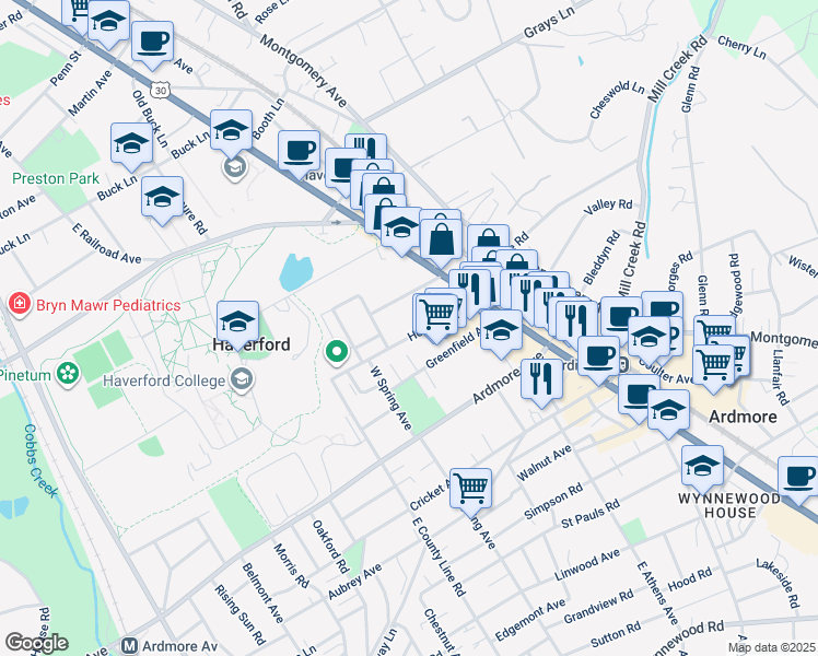 map of restaurants, bars, coffee shops, grocery stores, and more near 64 Holland Avenue in Ardmore