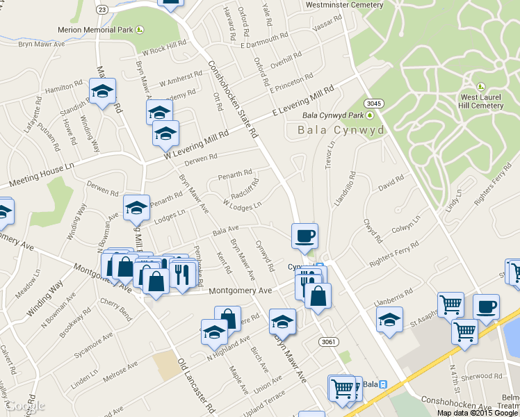 map of restaurants, bars, coffee shops, grocery stores, and more near 22 West Lodges Lane in Bala Cynwyd