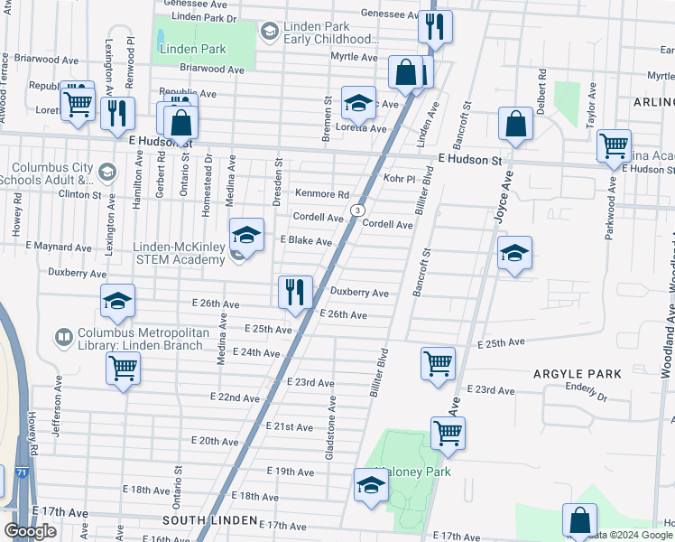 map of restaurants, bars, coffee shops, grocery stores, and more near 2096 Cleveland Avenue in Columbus