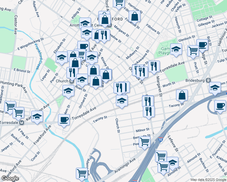 map of restaurants, bars, coffee shops, grocery stores, and more near 4334 Josephine Street in Philadelphia