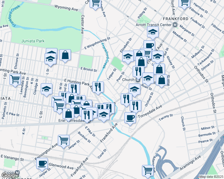 map of restaurants, bars, coffee shops, grocery stores, and more near 1502 Adams Ave in Philadelphia