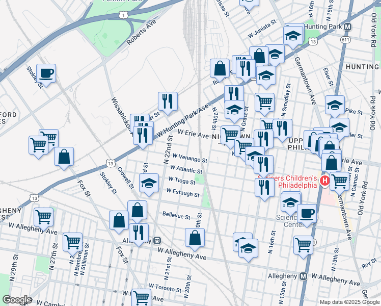 map of restaurants, bars, coffee shops, grocery stores, and more near 3613 North 21st Street in Philadelphia
