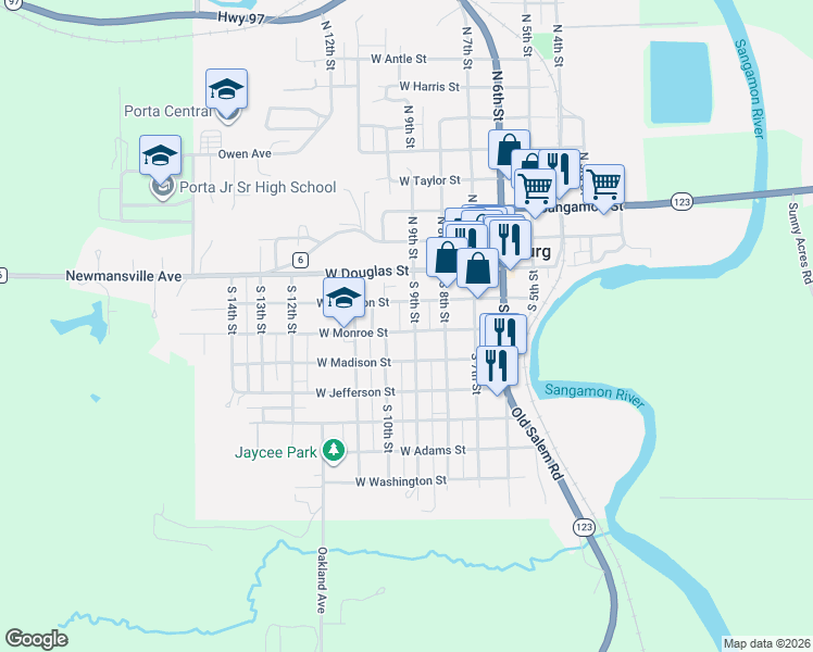 map of restaurants, bars, coffee shops, grocery stores, and more near 251-299 West Monroe Street in Petersburg