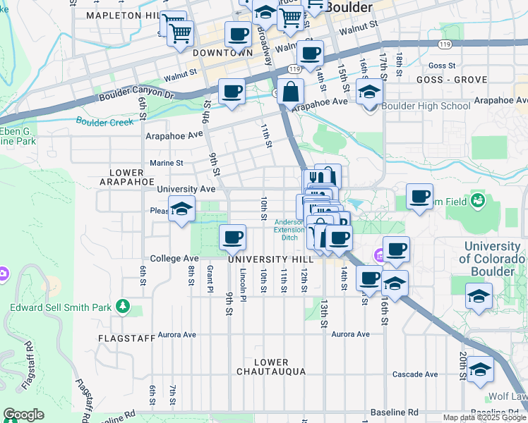 map of restaurants, bars, coffee shops, grocery stores, and more near Pleasant Street in Boulder