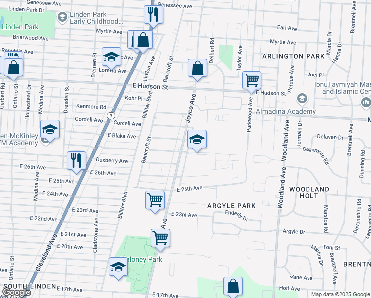map of restaurants, bars, coffee shops, grocery stores, and more near 2060 Joyce Avenue in Columbus