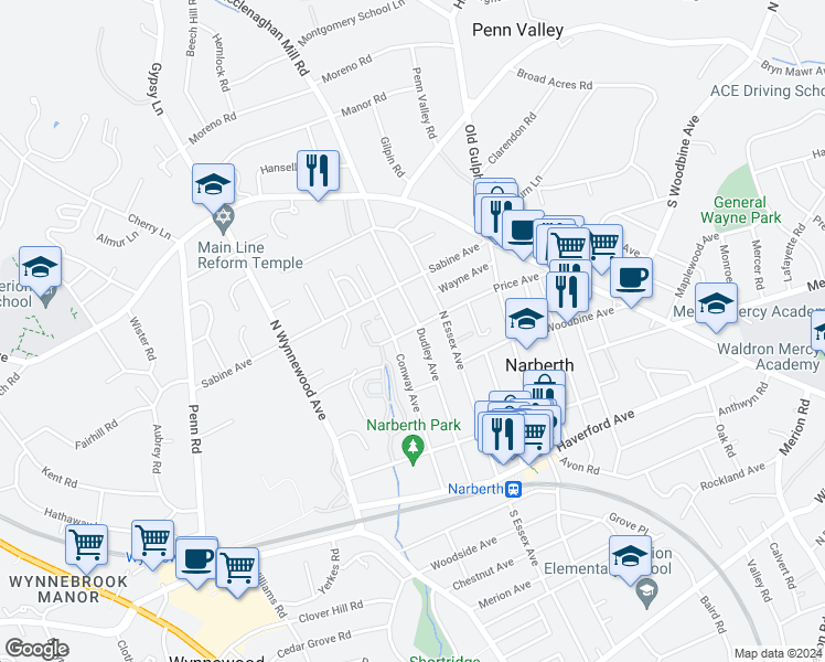 map of restaurants, bars, coffee shops, grocery stores, and more near 344 Dudley Avenue in Narberth