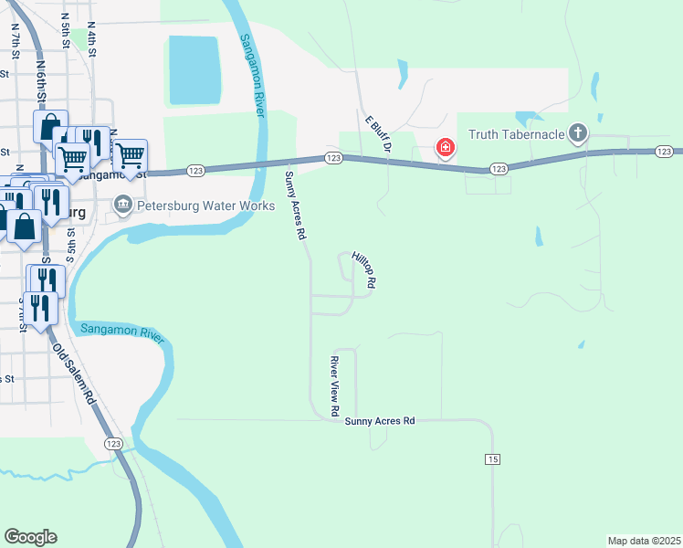 map of restaurants, bars, coffee shops, grocery stores, and more near Hilltop Road in Petersburg
