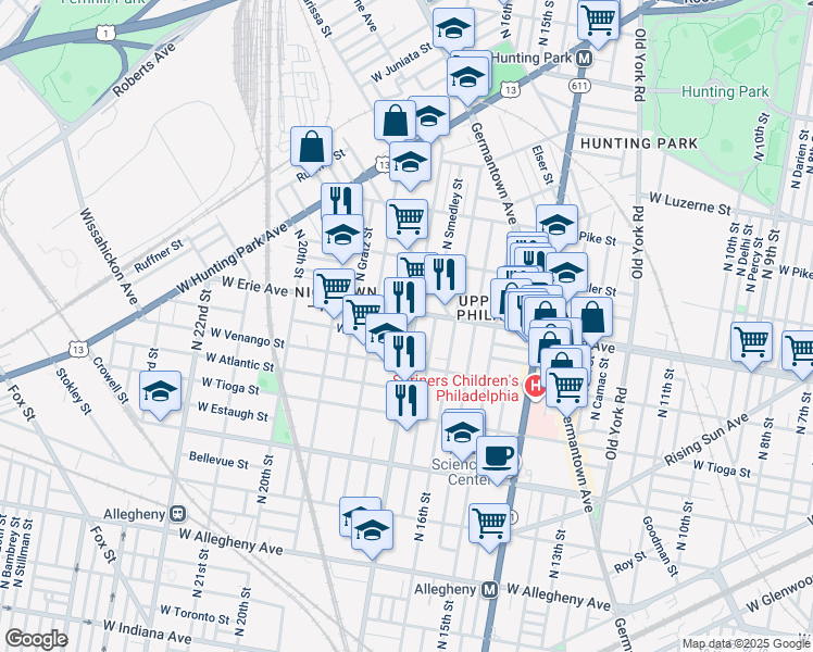 map of restaurants, bars, coffee shops, grocery stores, and more near 3644 North 17th Street in Philadelphia