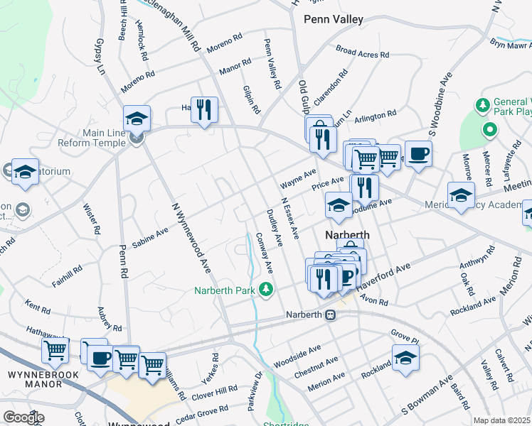 map of restaurants, bars, coffee shops, grocery stores, and more near 344 Dudley Avenue in Narberth