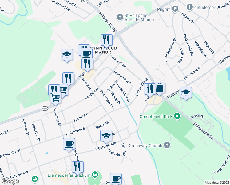 map of restaurants, bars, coffee shops, grocery stores, and more near 430 Spring Drive in Millersville