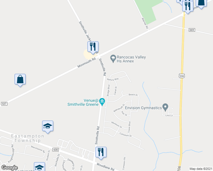 map of restaurants, bars, coffee shops, grocery stores, and more near 1030 Smithville Road in Eastampton Township