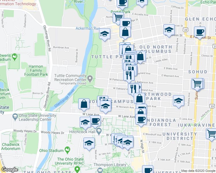 map of restaurants, bars, coffee shops, grocery stores, and more near 2332 Neil Avenue in Columbus