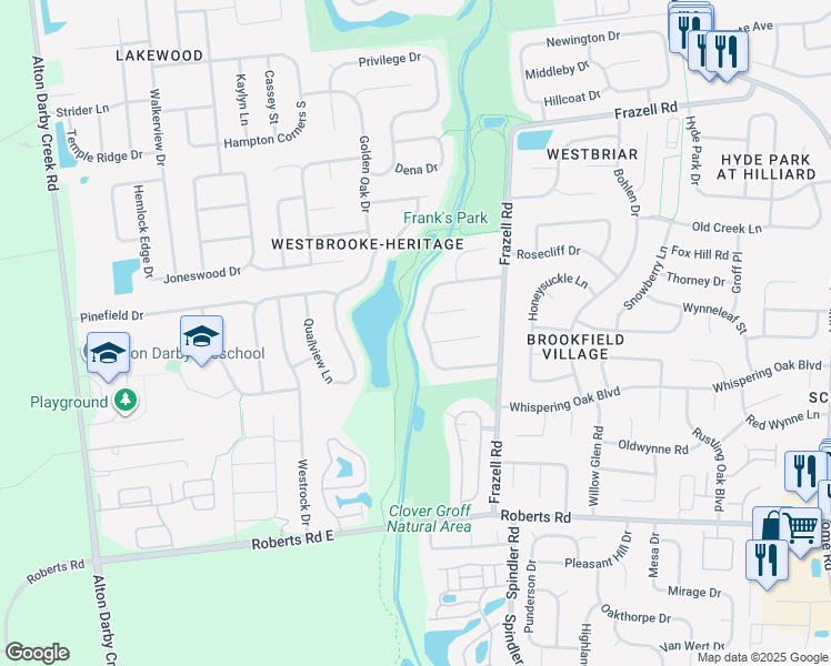 map of restaurants, bars, coffee shops, grocery stores, and more near 6043 Heritage Farms Drive in Hilliard
