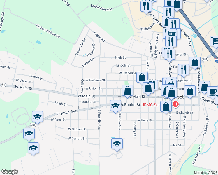 map of restaurants, bars, coffee shops, grocery stores, and more near 454 West Union Street in Somerset