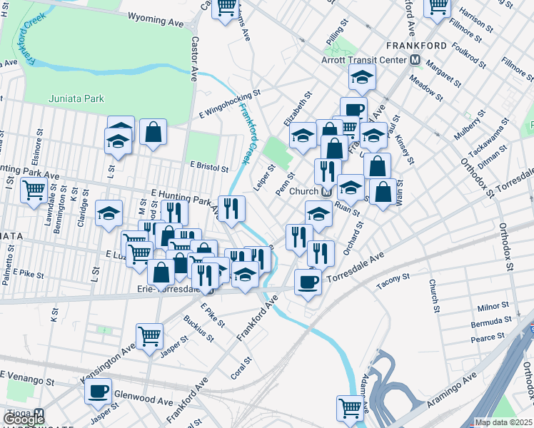 map of restaurants, bars, coffee shops, grocery stores, and more near 1504 Adams Avenue in Philadelphia