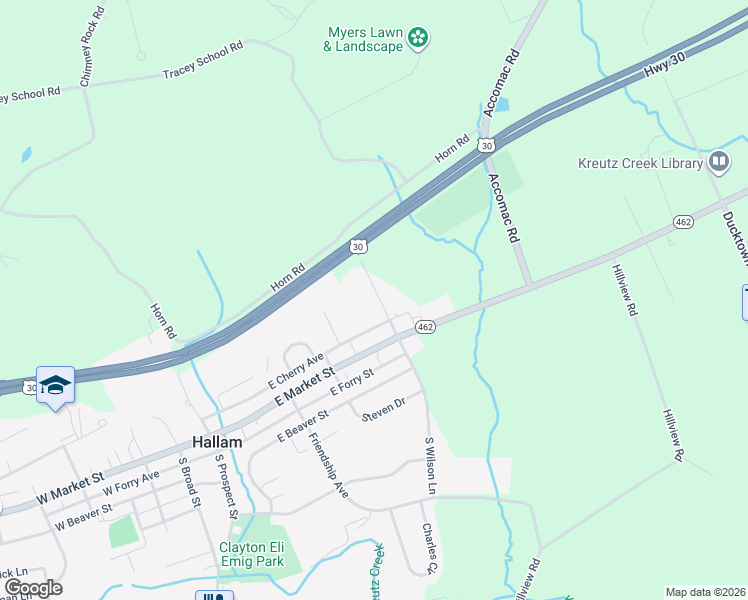 map of restaurants, bars, coffee shops, grocery stores, and more near 44 North Wilson Lane in Hallam