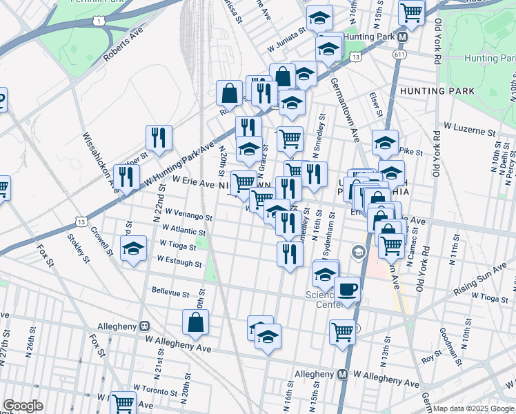 map of restaurants, bars, coffee shops, grocery stores, and more near 3621 North 19th Street in Philadelphia