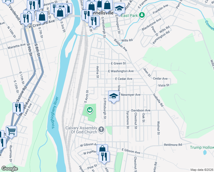 map of restaurants, bars, coffee shops, grocery stores, and more near 104 East Patterson Avenue in Connellsville