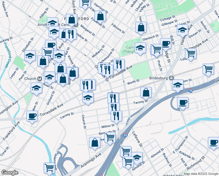 map of restaurants, bars, coffee shops, grocery stores, and more near 2114 Orthodox Street in Philadelphia