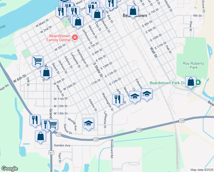 map of restaurants, bars, coffee shops, grocery stores, and more near 100 West 12th Street in Beardstown