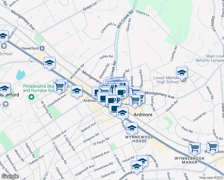 map of restaurants, bars, coffee shops, grocery stores, and more near 1 Montgomery Avenue in Ardmore