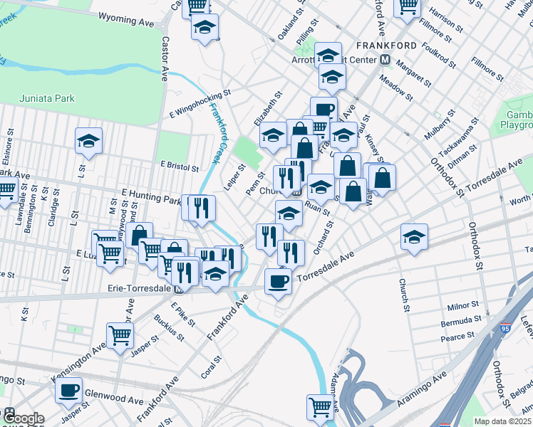 map of restaurants, bars, coffee shops, grocery stores, and more near 1538 Womrath Street in Philadelphia