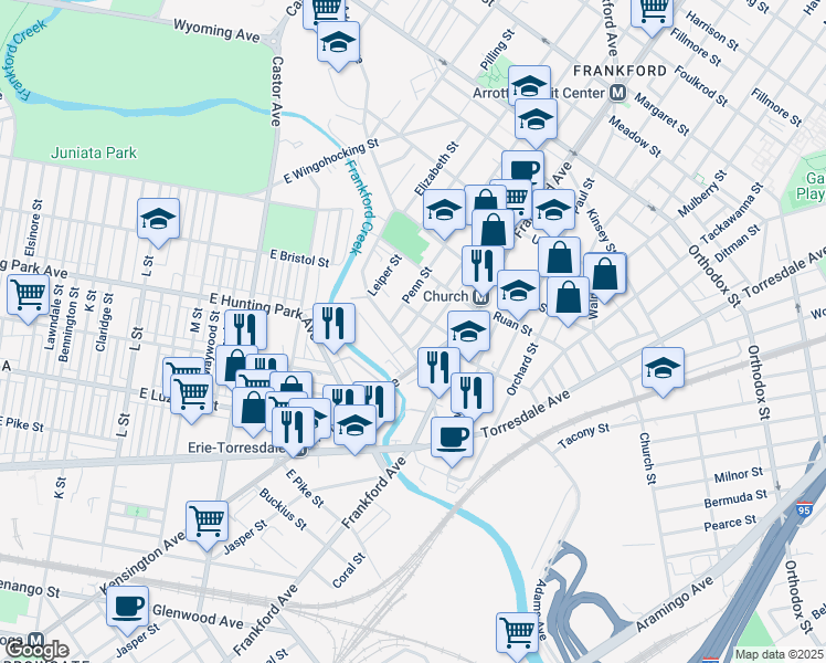 map of restaurants, bars, coffee shops, grocery stores, and more near 4219 Griscom Street in Philadelphia