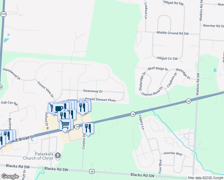map of restaurants, bars, coffee shops, grocery stores, and more near 1195 Deansway Drive in Pataskala