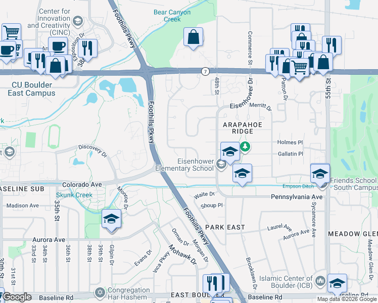 map of restaurants, bars, coffee shops, grocery stores, and more near 1190 Hancock Drive in Boulder